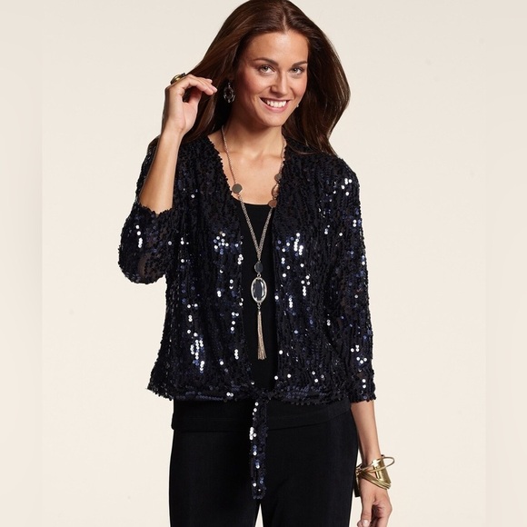 Chico’s Travelers Collection Sequin Ginger Jacket holiday party black tie - Picture 1 of 13